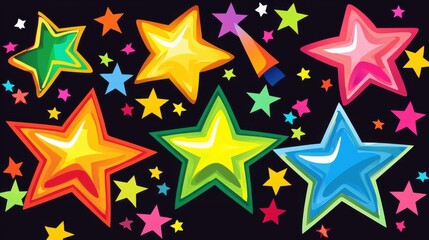 Colorful Stars and Bright Shapes on Dark Background for Celebration
