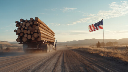 Patriotic Timber Transport: A heavy-duty truck hauls a significant load of timber logs down a dusty road, with the American flag waving proudly in the background.