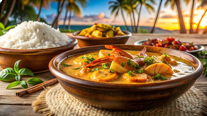 Vacation seafood Moqueca served in clay bowl with beach view 