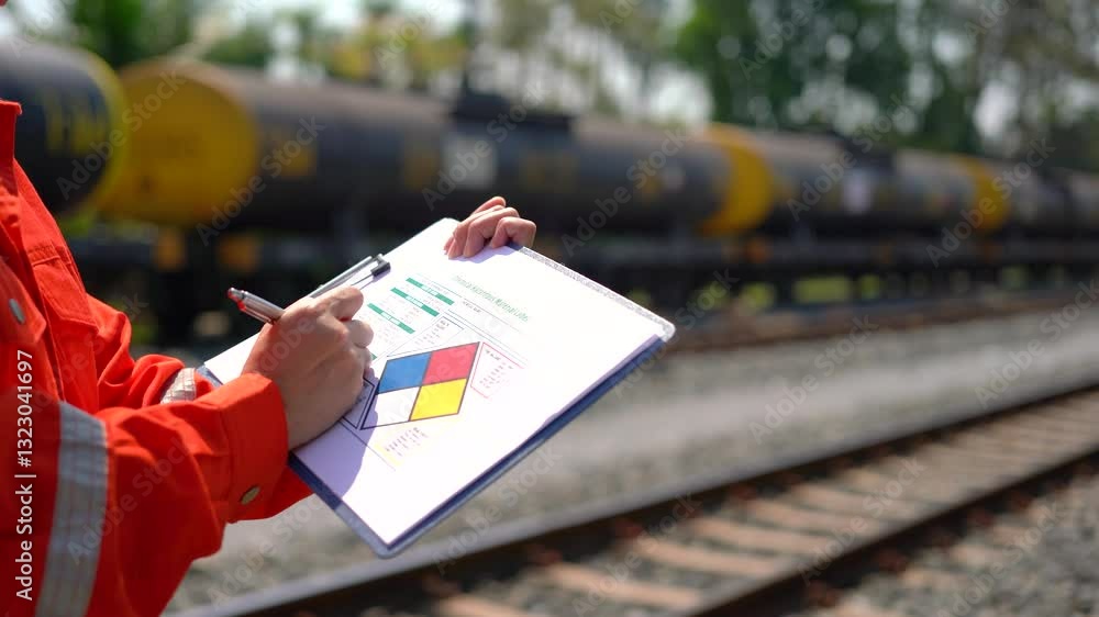 Wall mural an engineer is checking heavy machine checklist form during inspecting condition, with blurred backg
