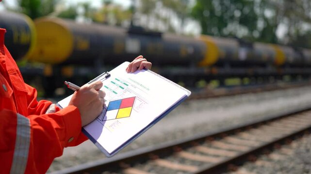 An engineer is checking heavy machine checklist form during inspecting condition, with blurred background of train and railway. Transportation industrial working with safety practice, close-up.