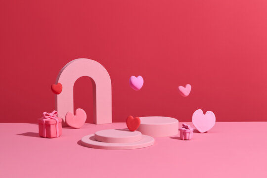 Pastel pink cylinder podium, lovely valentine's day with gift boxes