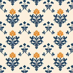 Obraz premium Elegant floral pattern with navy blue and orange flowers on cream background , Seamless Pattern