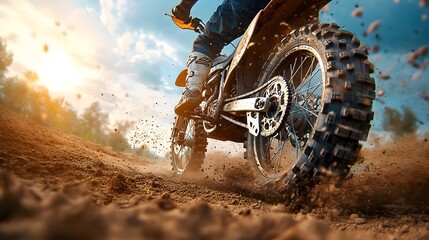 Adrenaline fueled Off road Dirt Bike Blasting Through the Desert Landscape at High Speed Captured from a Low Angle Rear Perspective with Visible Suspension and Dust Effects