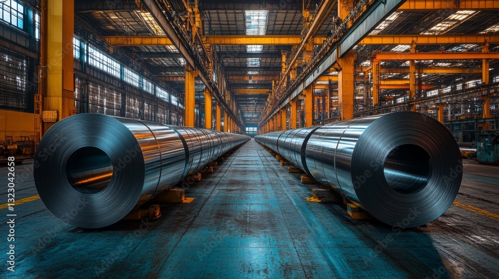 Poster Steel rolls are displayed in a spacious manufacturing facility. The environment showcases advanced automation technologies and engineering processes essential for production.