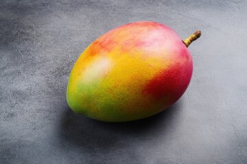 A ripe mango with colorful skin sits on a gray surface