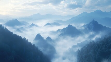 Fototapeta premium Serene Mountain Landscape with Misty Clouds at Dawn Illuminated by Soft Light