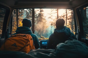 A scenic camping moment featuring two people sitting in the back of a car, enjoying technology while being surrounded by nature.