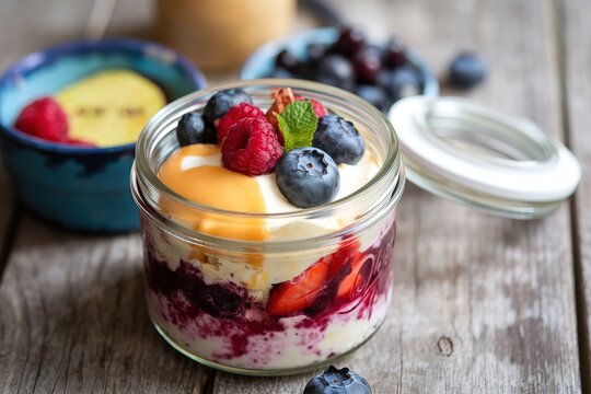 Colorful and delisious dessert in a jar berry cramble with vanilla sauce