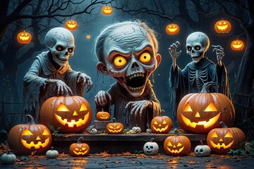 Spooky Halloween Scene A Fun Grotesque Cartoon Illustration for Kids Fright Night Celebrations
