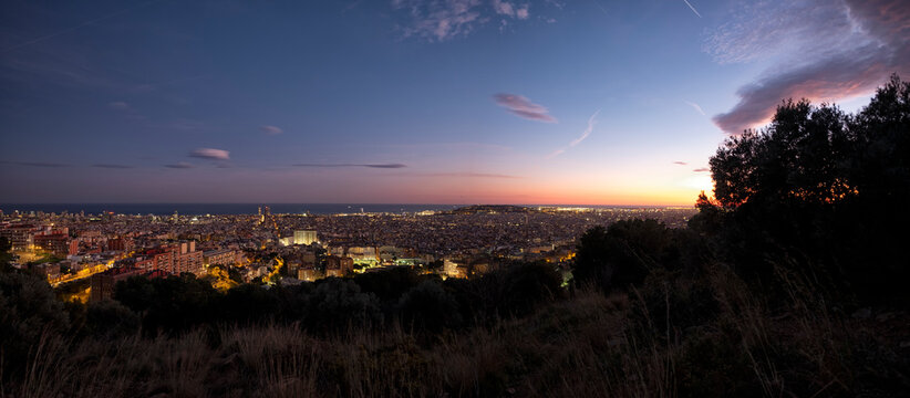 Barcelona City, City Skyline At Dusk