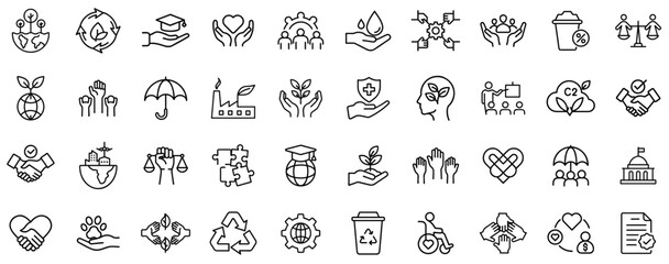 Social Responsibility & Sustainability Icons – Community Support, Environmental Protection, Charity, Human Rights, Ethical Business, Recycling, Global Education, Sustainable Development, Equality, Cor