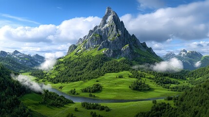 Naklejka premium Majestic mountain range surrounded by a serene river flowing through lush green valleys under a bright blue sky