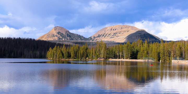 Panoramic view of scenic Crystal lake landscape in Uinta Wasatch national forest in Utah