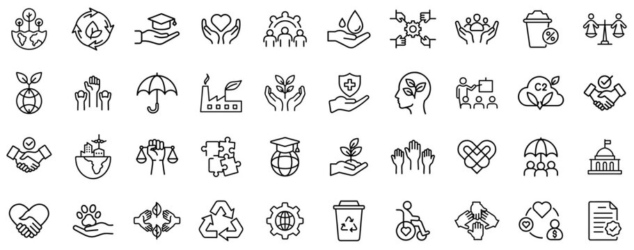 Social Responsibility & Sustainability Icons – Community Support, Environmental Protection, Charity, Human Rights, Ethical Business, Recycling, Global Education, Sustainable Development, Equality, Cor