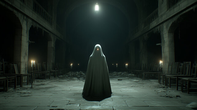 Mystery in the Cathedral: A cloaked figure stands solemnly in a dilapidated cathedral, bathed in an ethereal light, evoking a sense of mystery, history, and foreboding. - Powered by Adobe