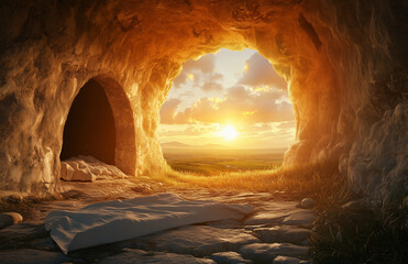 Empty Tomb with Glowing Sunrise – Religious Easter Resurrection Concept