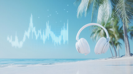 Harmony of Beach and Beats: A tranquil beach scene merges with a wave sound graphic, with floating headphones.