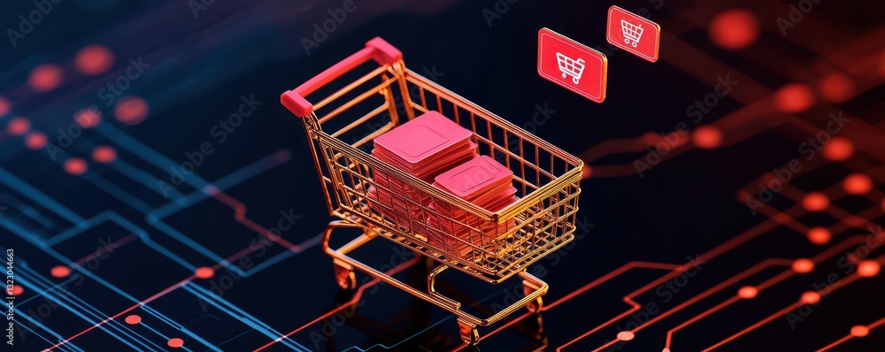 Poster a digital shopping cart surrounded by a circuit-like background, symbolizing e-commerce and technolo