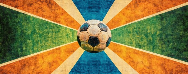 A vintage style illustration showing a soccer ball in the center