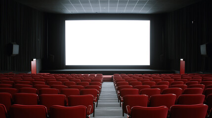 Obraz premium Empty Auditorium: A spacious, modern movie theater interior, rows of comfortable red seats facing a large blank screen, ready for the audience.