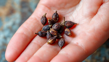 Obraz premium Fresh cloves on palm hand wallpaper. Cloves background 
