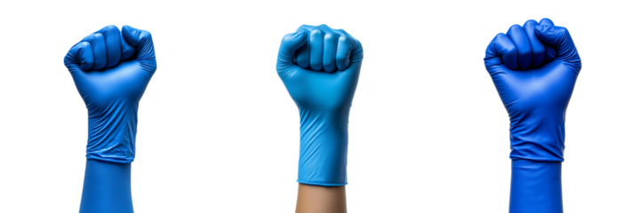 Three Hands in Blue Nitrile Gloves Showing a Fist isolated on transparent Background