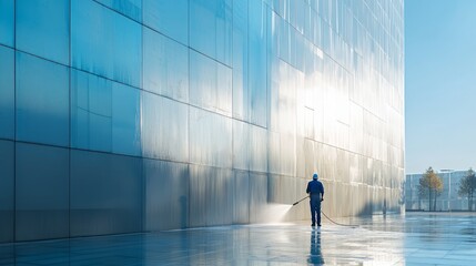 Professional Worker Using Pressure Washer on Modern Glass Building Surface