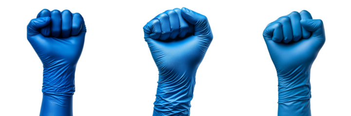 Three Blue Gloved Fists Raised in Solidarity and Strength a Powerful Symbol of Unity and Resistance isolated on transparent Background