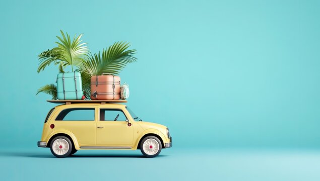 Fototapeta Vintage car, travel gear, and tropical plants.  Ready for summer vacation