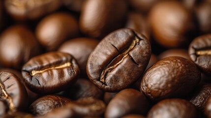 Fototapeta premium Textured roasted coffee beans with standout bean in warm brown tones for an inviting atmosphere