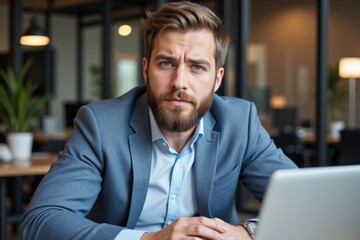Fototapeta premium Focused Caucasian Male Executive in a Business Suit Concentrating at a Laptop in a Modern Office Environment