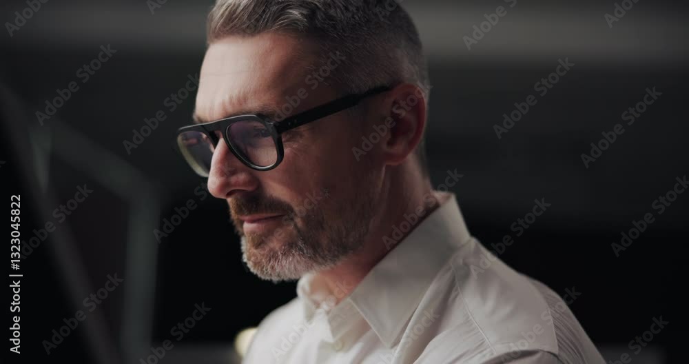 Poster business, glasses and man in office, night and architecture with solution, construction planning and