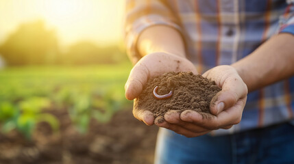 Nurturing Life: Hands cradle fertile soil, revealing a vibrant earthworm in a sun-drenched field. Symbolizing the essence of growth, sustainability.