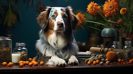 Majestic Australian Shepherd Dog Posing Amongst Autumnal Still Life