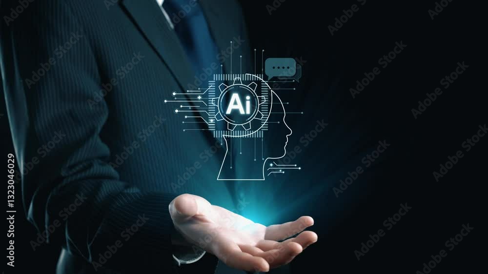 Poster human interact with ai artificial intelligence brain processor in concept of ai artificial intellige