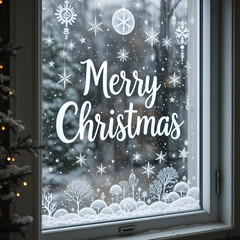 Sustainable responsible holiday decor. Merry Christmas text painted on window glass indoor at home. Christmas winter decoration. White pattern. Snow art tracery on season. Diy