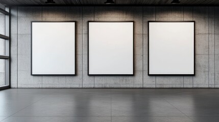 Three Blank White Frames Hanging on Concrete Wall for Mockup Purposes