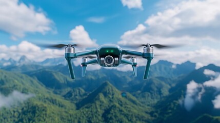 Fototapeta premium Aerial view of a green drone flying above majestic mountain range surrounded by lush greenery and blue skies