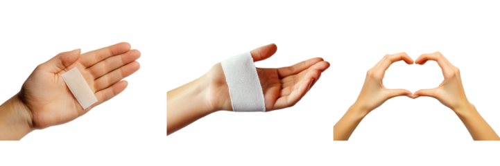 Hands with bandages and a heart gesture shown against a black background