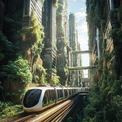 Train travels through overgrown futuristic city.