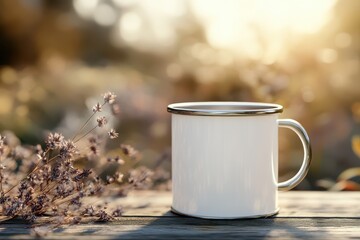A plain white enamel mug with a silver rim, sitting on top of an old wooden table outdoors in the sunshine