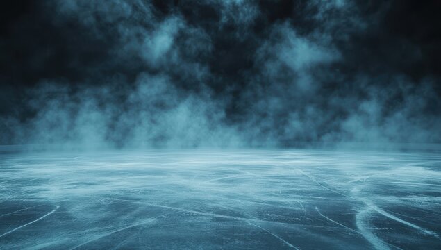 Dark blue ice rink with spotlights. Dark background for product presentation, night stage, concert, and show concept. Copy space, high quality.