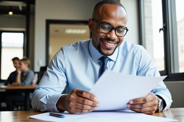 Smiling African American Male Professional in Light Blue Shirt Reading Document at Modern Office Setting with Colleagues