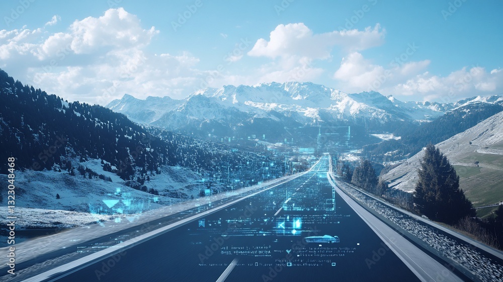 Aufkleber futuristic highway winding through snowy mountains with digital overlay and data visualization