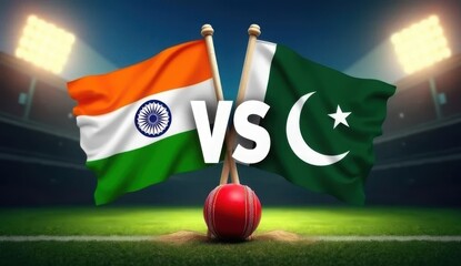 Indian and Pakistani flags face off with cricket ball, representing a match.