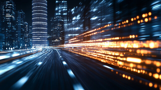 Cityscape's Digital Rush: Dynamic view of city lights creating streaks of motion across roads, showcasing the pace of progress and urban energy.