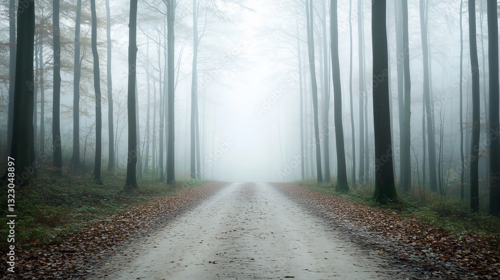 Poster misty path through the forest: a captivating pathway carved through a dense forest, shrouded in a ve