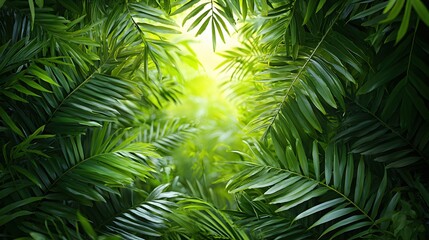 Lush Green Foliage Framing Bright Natural Light in Tropical Forest