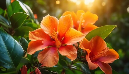 tropical flowers with vibrant orange petals and lush green leaves in soft sunlight